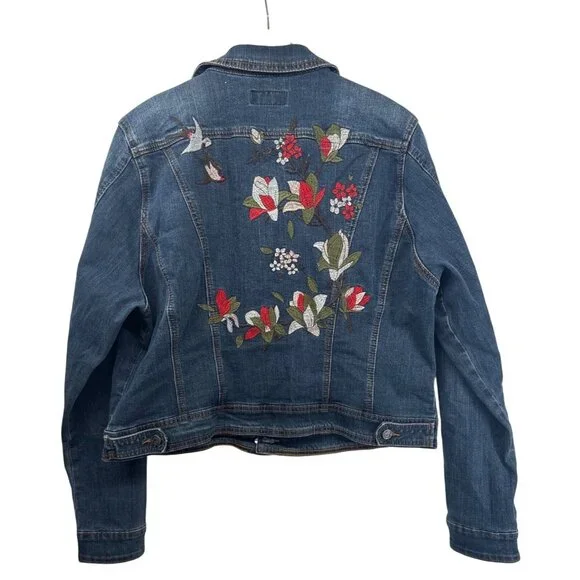 Earl Jeans Womens Jacket XL Blue Denim Trucker Embroidered Boho Floral Festival - Picture 1 of 12